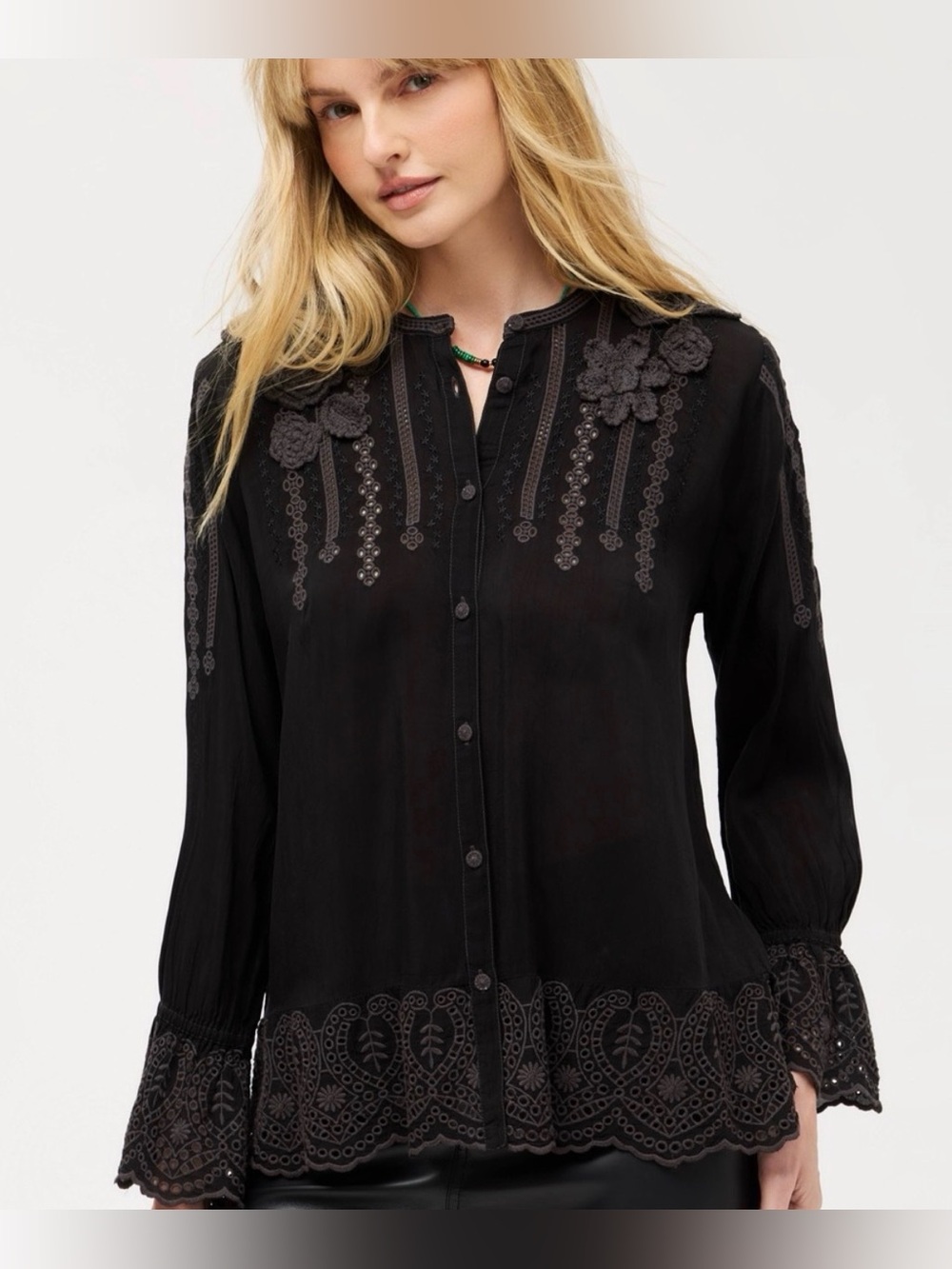 Johnny Was Top Size Small Black Embroidered Button-Down Blouse Eyelet Cuff Hem